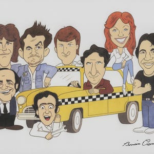 May include: A colorful caricature illustration featuring seven individuals surrounding a yellow taxi cab with a checkered roof stripe. The artwork depicts various figures in distinct poses, with the artist's signature Brian Oakes in the bottom right corner.