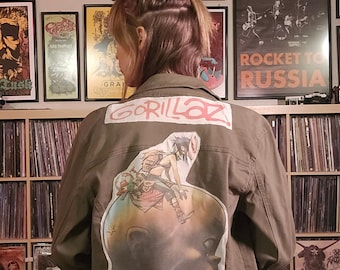 Jacket GORILLAZ backpatch khaki green MEDIUM upcycled