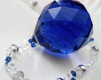 Atrapasol de cristal azul cobalto: gota de cuentas recubierta de plata