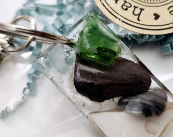 Sea Pottery, Wood Chip, Sea Glass Keychain