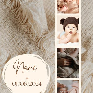 May include: A collage featuring baby photos and a personalized design. The design includes the name and date 01/06/2024, set against a soft, textured background. The photos show a baby wearing a knitted hat and a baby wrapped in a blanket.