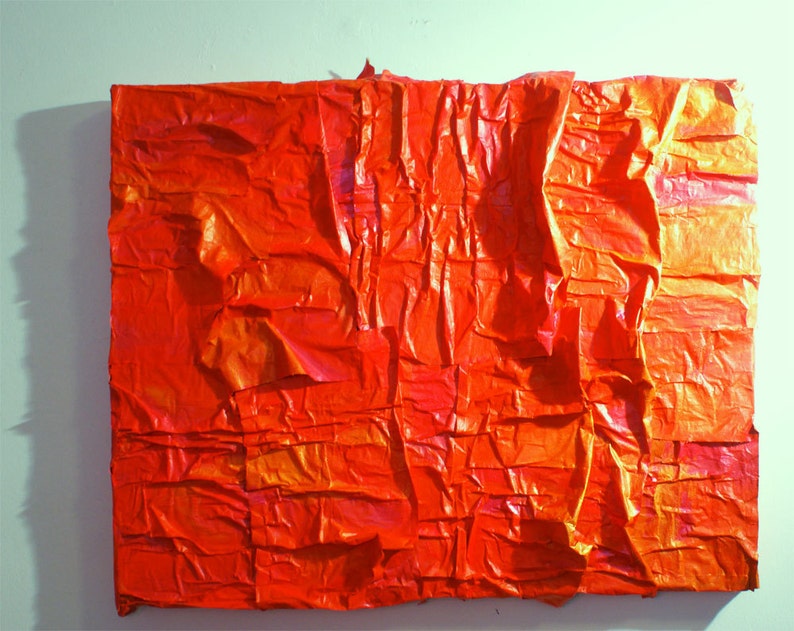 Photosphere Neon fluorescent orange abstract mixed media painitng made with recycled paper image 3