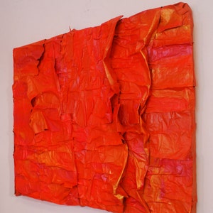 Photosphere - Neon fluorescent orange abstract mixed media painitng made with recycled paper
