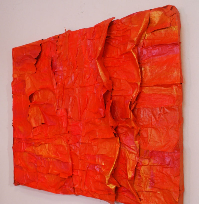 Photosphere Neon fluorescent orange abstract mixed media painitng made with recycled paper image 1