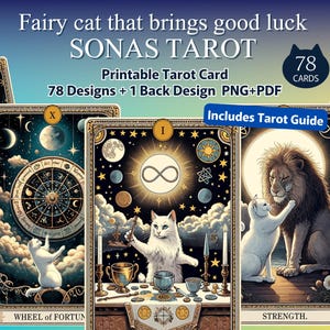 Cartes de tarot de chat | Jeu de tarots imprimable | TAROT SONAS : chat féerique magique pour attirer la fortune | 78 cartes de tarot, 1 motif au dos