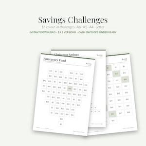 Peut inclure: Un ensemble de feuilles de défi d'épargne imprimables avec des fonds blancs et du texte vert foncé. Les feuilles présentent des grilles avec des montants monétaires pour suivre les objectifs financiers, dont un fonds d'urgence.
