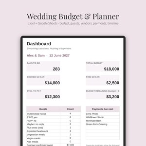 Peut inclure: Un tableau de bord numérique de planification et de budget de mariage pour Excel et Google Sheets. L'interface affiche des résumés financiers, le budget total, les montants payés, les coûts restants, un tableau d'invités et les paiements à venir.