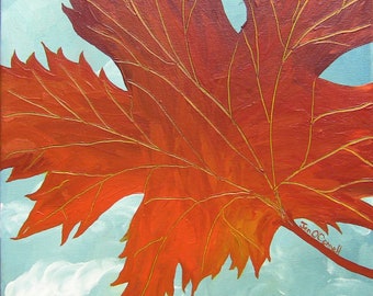 Clearance Original Acrylic Painting on 12x12 Square Wrapped Canvas, Red Maple Leaf, Colorful Artwork, Hang on Wall