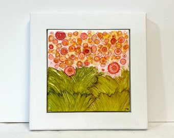 Original Alcohol Ink Painting on Tile, Framed, White frame