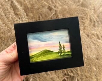 Original Watercolor  3 1/2 x2 1/2  Painting on Panel, Framed; Hang or Prop on Shelf, Unique Gift, OOAK, Hand Painted Landscape