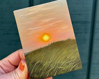 Grass and Sunset - Original Acrylic 3x4 Painting on Small Canvas with Easel