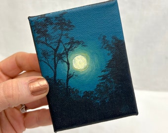 Moon and Trees- Original Acrylic 3x4 Painting on small canvas with easel