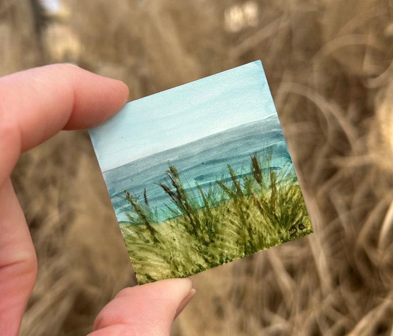 Tiny Original Painting 2 x 2, Refrigerator Magnet, Watercolor Hand Painted Landscape, Fun Unique Gift, Comes with Gift Bag, OOAK image 1