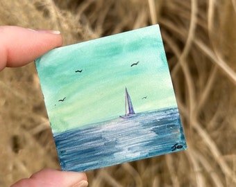 Tiny Original Painting 2 x 2, Refrigerator Magnet, Watercolor; Hand Painted Landscape, Fun Unique Gift, Comes with Gift Bag, OOAK