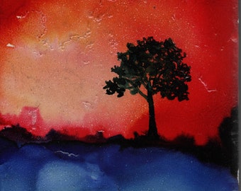 Original alcohol ink painting on square textured tile- red, blue, black silhouette solitary tree, landscape, vibrant colors OOAK