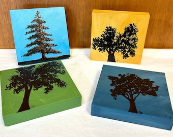 Original Acrylic Tree Silhouette Block Paintings, Set of 4