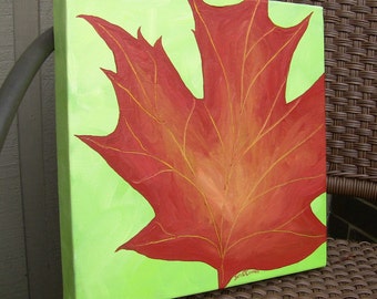 Clearance Original Acrylic Painting Leaf - on Canvas 12x12, ready to hang on wall