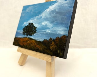 Cloudy Sky Landscape - Original Acrylic 4x3 Painting on small canvas with easel