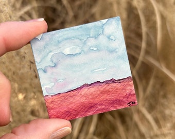 Tiny Original Painting 2 x 2, Refrigerator Magnet, Watercolor; Hand Painted Landscape, Fun Unique Gift, Comes with Gift Bag, OOAK
