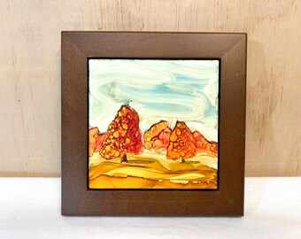 Original Alcohol Ink Landscape Painting on Tile in Wood Frame, Hand Painted, OOAK, Colorful Unique Fun Gift, Hang on Wall or Prop on Shelf