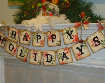Christmas Banner- Happy Holiday Banner- Snowflake Banner -Holiday Decor- Christmas Folk Art -Holiday Teacher Gift