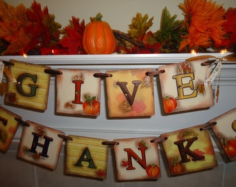 Give Thanks Banner-Thanksgiving Banner-Happy Thanksgiving-Rustic Thanksgiving-Fall Banners-Thanksgiving Garland-Fall Harvest Banner-Pumpkins