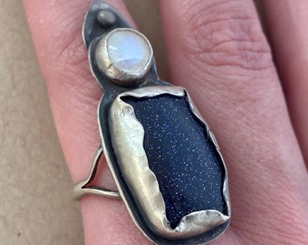 Blue Goldstone and Moonstone Ring size 8.25