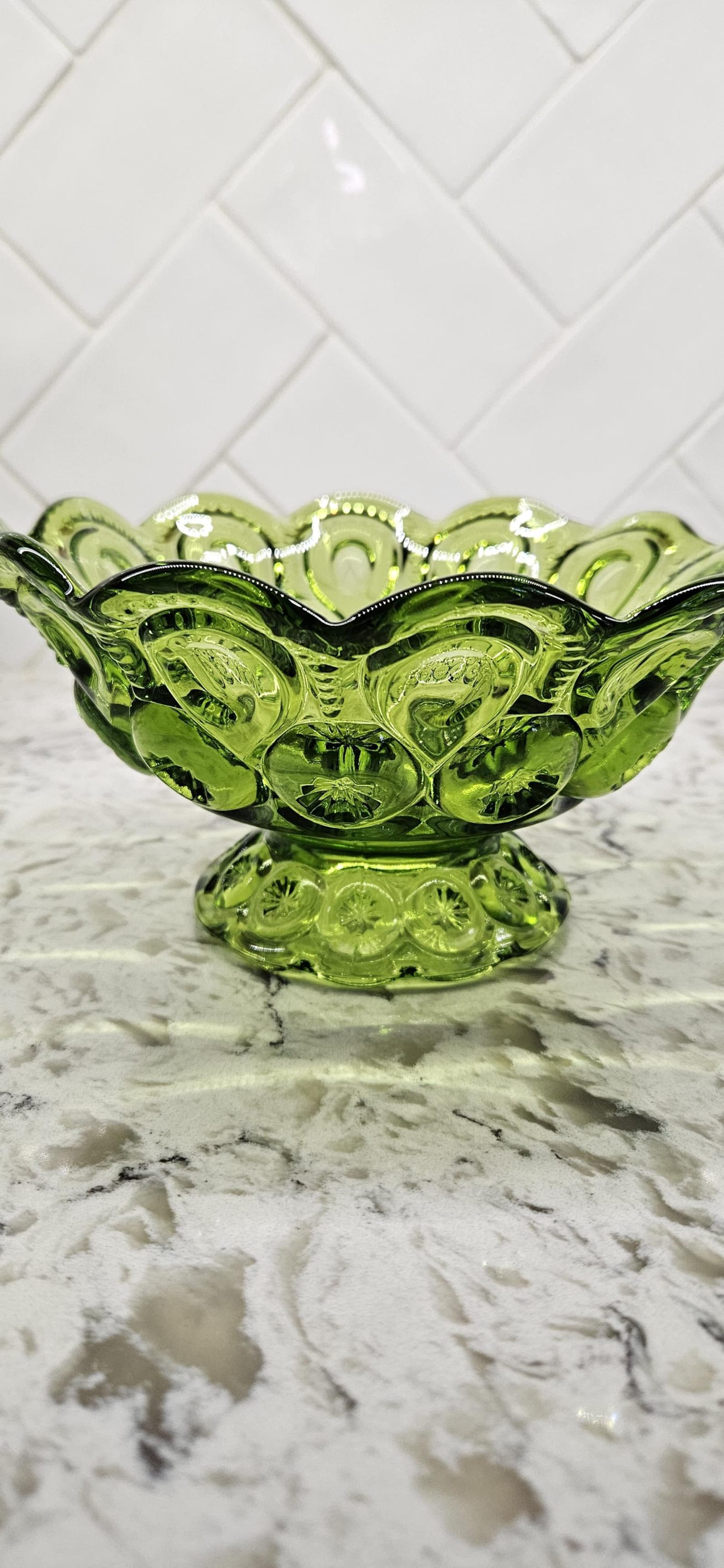 L.E. Smith Moon & Stars Compote Green Glass