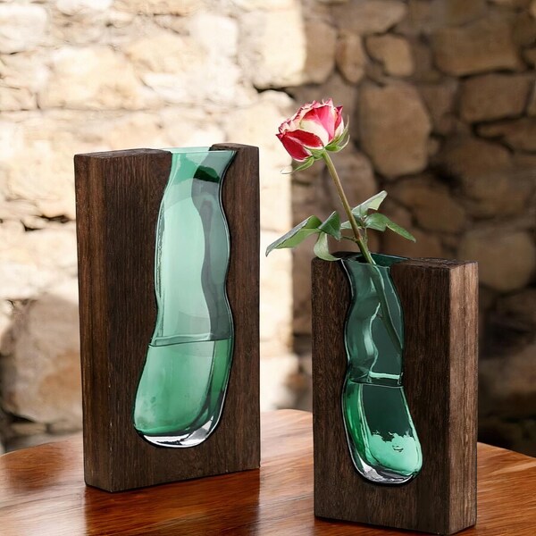 Glass and Wood Vase Etsy