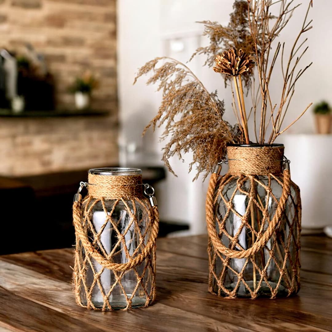 Decorative Vase Using Rope Rustic Rope-wrapped Glass Vase Farmhouse Flower Vases in 2 Sizes, 16 X ...