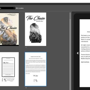Op de afbeelding: Een screenshot van een Kindle Previewer-venster dat een boek met de titel "The Chain" toont met een zwart-witte omslagfoto. De previewer toont de omslag, de copyrightpagina en een paar pagina's van het boek.