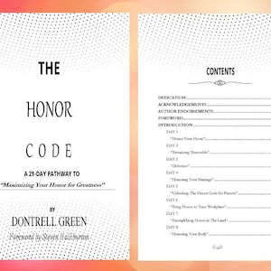 Op de afbeelding: De Eregedragscode: Een 21-daags pad om je eer te maximaliseren voor grootsheid door Dontrell Green. De omslag van het boek heeft een zwart-wit ontwerp met de titel "De Eregedragscode" in grote, vetgedrukte letters. De ondertitel is "Een 21-daags pad om je eer te maximaliseren voor grootsheid". De naam van de auteur, Dontrell Green, staat onder de ondertitel, en het voorwoord is van Steven Halliburton.