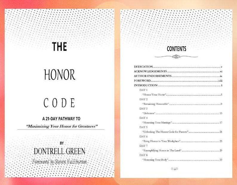 Op de afbeelding: De Eregedragscode: Een 21-daags pad om je eer te maximaliseren voor grootsheid door Dontrell Green. De omslag van het boek heeft een zwart-wit ontwerp met de titel "De Eregedragscode" in grote, vetgedrukte letters. De ondertitel is "Een 21-daags pad om je eer te maximaliseren voor grootsheid". De naam van de auteur, Dontrell Green, staat onder de ondertitel, en het voorwoord is van Steven Halliburton.