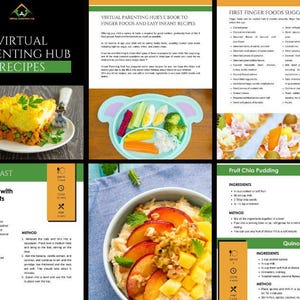Op de afbeelding: Een kleurrijke, printbare gids met recepten voor baby's en peuters. De gids bevat recepten voor pap met vers fruit, fruit-chiapudding en quinoa-pap. De gids bevat ook een sectie met suggesties voor eerste vingerhapjes.