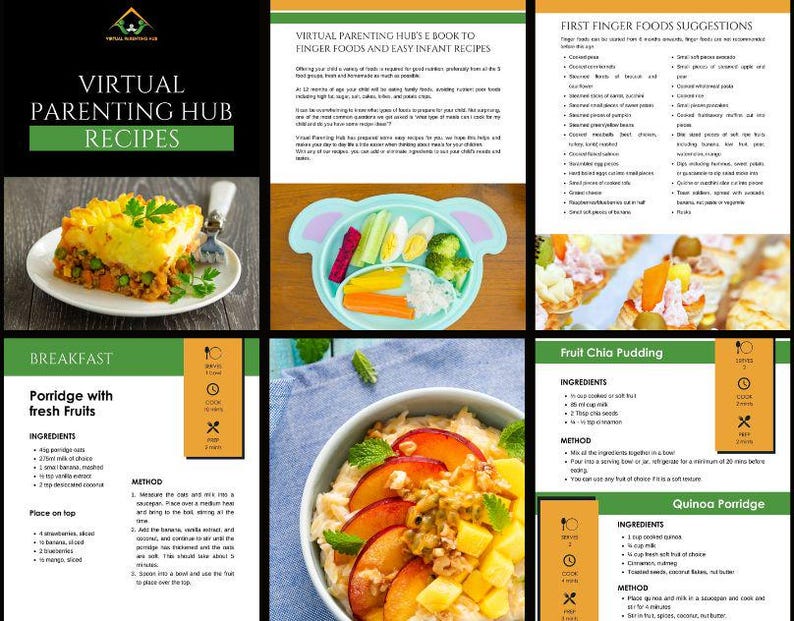 Op de afbeelding: Een kleurrijke, printbare gids met recepten voor baby's en peuters. De gids bevat recepten voor pap met vers fruit, fruit-chiapudding en quinoa-pap. De gids bevat ook een sectie met suggesties voor eerste vingerhapjes.
