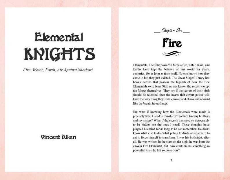 Op de afbeelding: Een boekomslag met de titel "Elemental Knights" in zwarte tekst op een roze achtergrond. De ondertitel is "Fire, Water, Earth, Air Against Shadow!" De naam van de auteur is "Vincent Aiken" en de hoofdstuktitel is "Fire". De tekst op de pagina beschrijft de vier elementen en hun belang in de wereld.