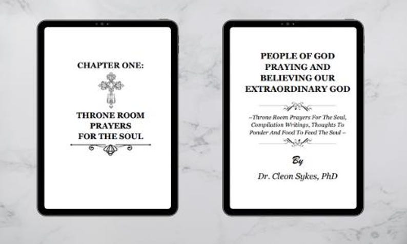 Op de afbeelding: Een zwart-wit afbeelding van een boekomslag met de titel "Troonzaalgebeden voor de ziel" en de ondertitel "Mensen van God die bidden en geloven in onze buitengewone God". Het boek is van Dr. Cleon Sykes, PhD.