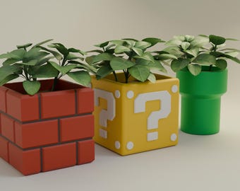 May include: Three potted plants in different themed planters. The first planter is a red brick block, the second is a yellow question mark block, and the third is a green pipe. All three planters are from the Super Mario Bros. video game.