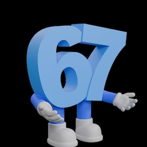 Puede incluir: Un número 67 de dibujos animados azul claro con brazos, piernas, guantes y zapatos blancos. El número está sobre un fondo negro.