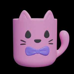 May include: A pink ceramic mug shaped like a cat's head, featuring black oval eyes, a black nose, and a purple bow tie. The mug has a handle and cat ears on top. The background is black.