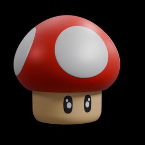 Puede incluir: Un hongo rojo con manchas blancas y una base beige, que recuerda a la serie de videojuegos Super Mario. El hongo tiene dos ojos ovalados negros sobre un fondo negro.