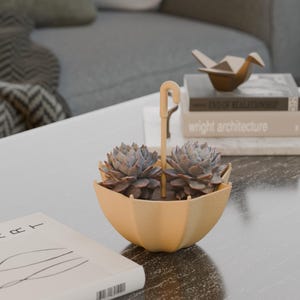 May include: A decorative succulent planter shaped like an umbrella, holding two succulents with blue-green leaves. The planter is light yellow and sits on a table with books and a paper bird. The word "ART" is visible on a book.