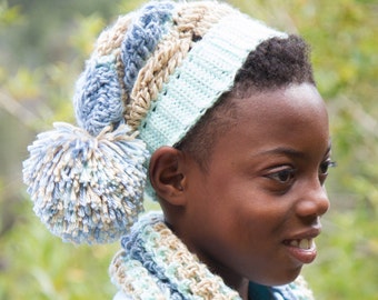 大きなポンポン付きゆったりしたシェブロンビーニー/子供用ユニセックス帽子