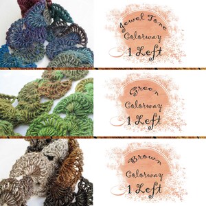 May include: Three crocheted scarves in different colorways: jewel tone, green, and brown. Each scarf has a circular design and is made with a textured yarn. The text "1 Left" is written on each scarf.