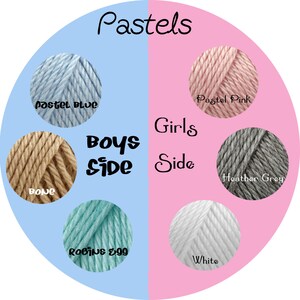 以下が含まれることがあります： 編み物や編み物用の糸の色見本です。糸の色は、「Boys Side」と「Girls Side」の2つのセクションに分かれています。「Boys Side」の色は、パステルブルー、ボーン、ロビンズエッグです。「Girls Side」の色は、パステルピンク、ヘザーグレー、ホワイトです。