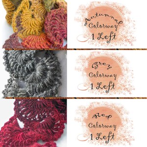 May include: Three crocheted scarves in different colors: autumnal, grey, and red. Each scarf has a label with the colorway and the text "1 Left".