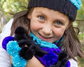 Girls Scarf with Pom-Pom Fringe/ Four color choices