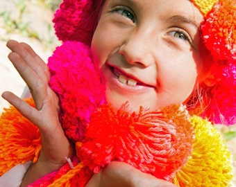 Giant Pom-Pom Fringe Scarf for Girls in Four Different Color Stories