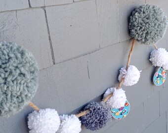 Pom-Pom Christmas Garland- Ice Blue and White with Christmas Ornaments