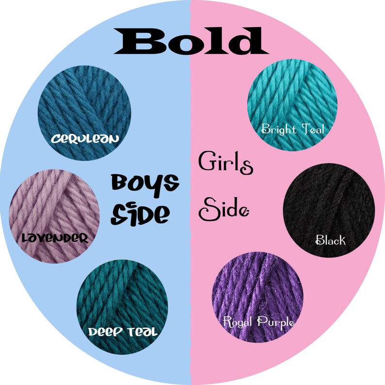 以下が含まれることがあります： 「Bold」という文字が上部に書かれた糸の色見本。左側は「Boys Side」と表示され、セルリアンブルー、ラベンダー、ディープティールの色が並んでいます。右側は「Girls Side」と表示され、明るいティール、ブラック、ロイヤルパープルの色が並んでいます。